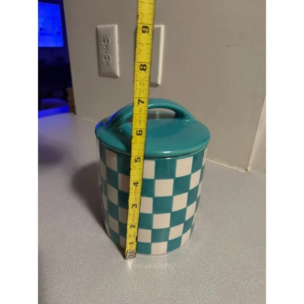 Blue plaid checkered jar with lid canister new